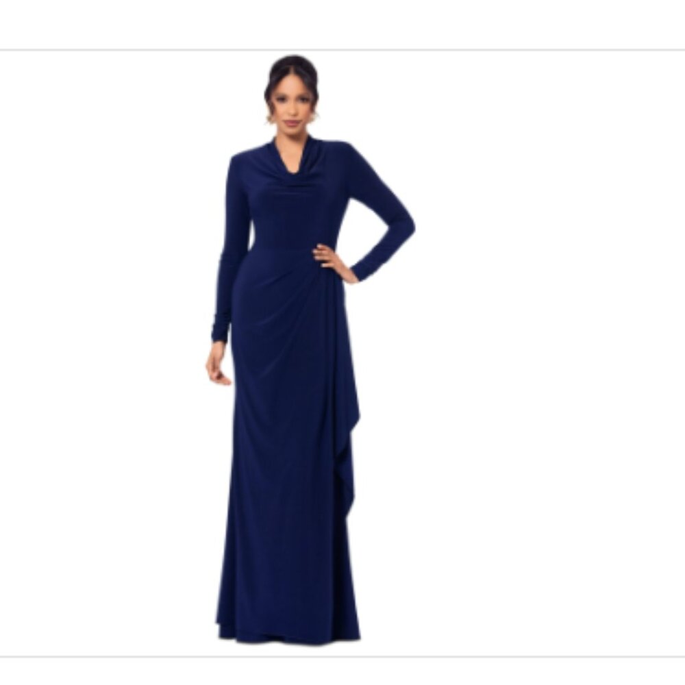 Betsy & Adam Women's Cowlneck Draped Long-Sleeve Gown - Navy